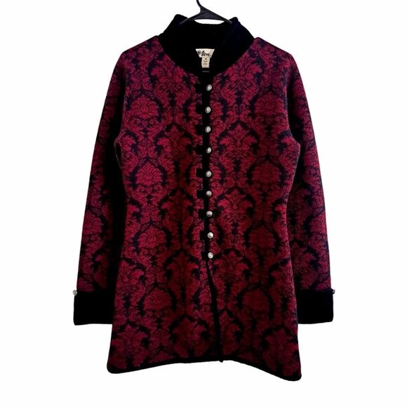 Neve‎ 100% Wool Long Duster Cardigan Size M Burgundy And Black Velvet Trim EUC - Picture 1 of 6